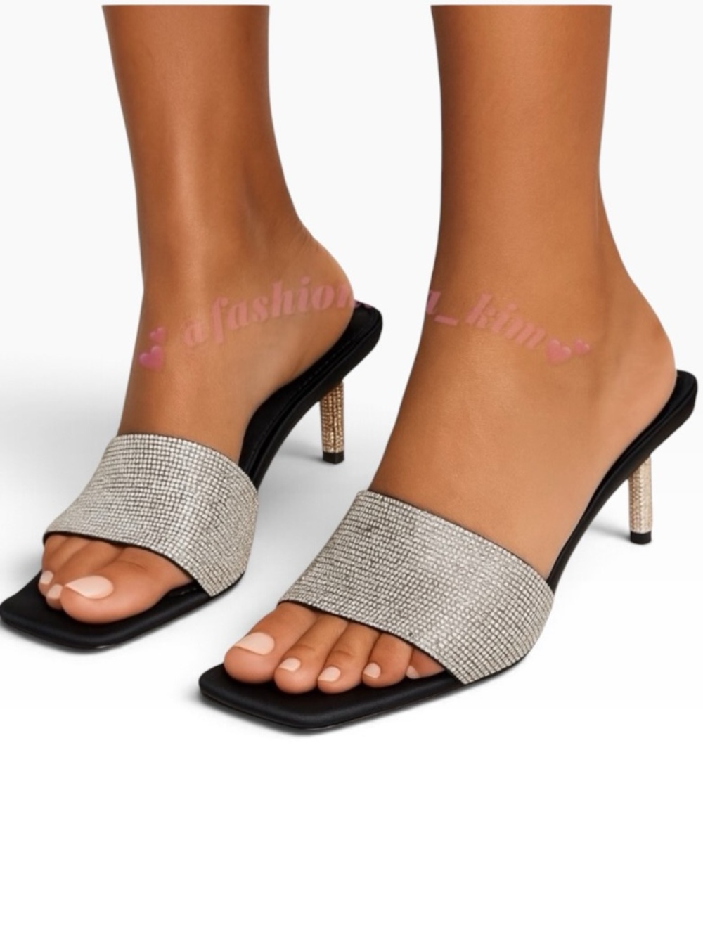 NEW Good American black kitten heel sandals square toe with rhinestones
